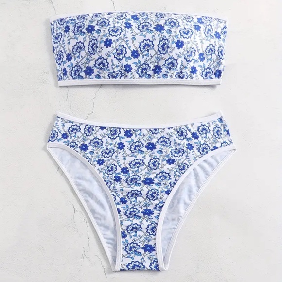 Blue Floral Bandeau High Waisted Bikini Set - Picture 2 of 7